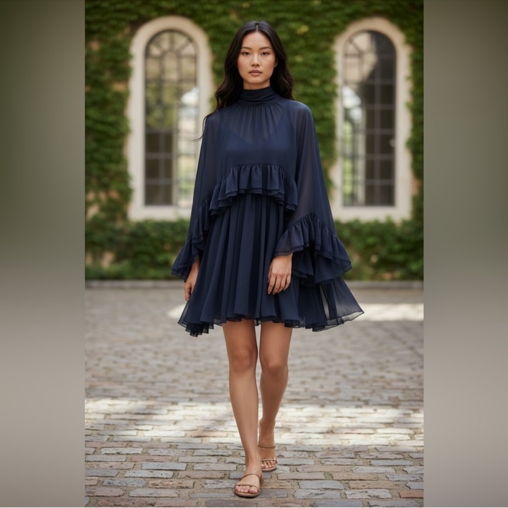 Commense Navy Ruffled Cape Two Piece Dress